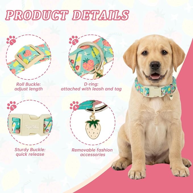 Cute Summer Dog Collar with Strawberry Lemon Pattern, Soft Cotton Girl Dog Collar Pet Accessory, Adjustable for Small Medium Large Dogs, Gift for Boys Girls Dogs-XS