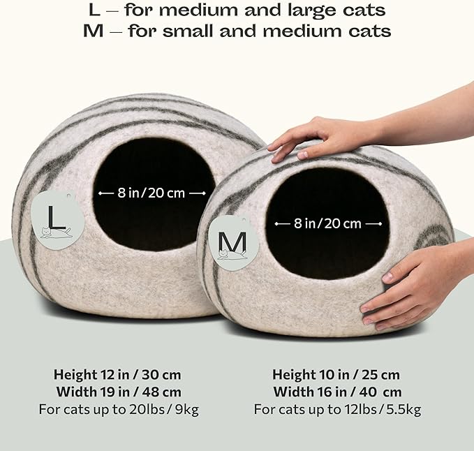 MEOWFIA Cat Cave – Premium Felt Cat Bed for Indoor Cats, Handmade Merino Wool (Light Gray, Medium)