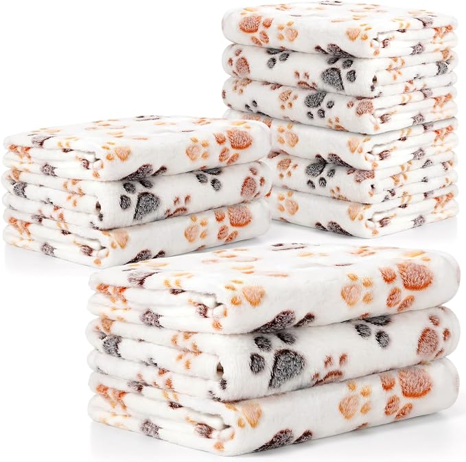 Tegeme 12 Pcs Pet Blankets 41 x 30 Inch Soft Fluffy Fleece Dog Cat Warm Paw Print Pattern Blankets Flannel Throw for Pets Dog Puppy Cat(White, Gray)