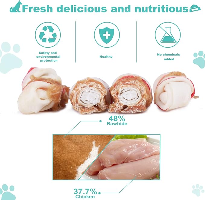 Chicken Wrapped Rawhide Bones, 2.5 Inch Mini Knots Dog Treats, High Protein 65% Puppy Chews and Satisfying Rewards for All Breeds, 8 Ounces
