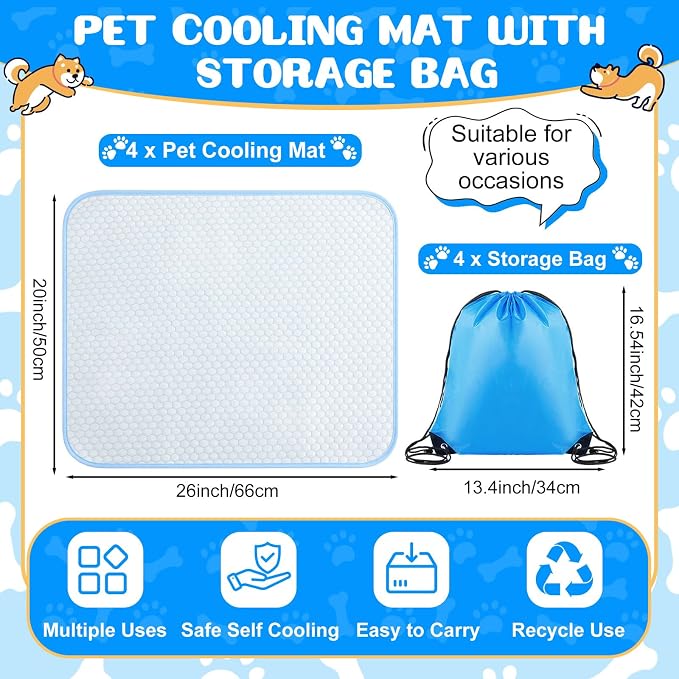 Chunful 4 Pack Pet Cooling Mat, 26 x 20 Inches Dog Cooling Pad for Summer, Ice Silk Self-Cooling Mat, Portable Washable Non-Slip Dog and Cat Pad for Indoor, Outdoor, Car Seats, Trips, up to 25 Lbs