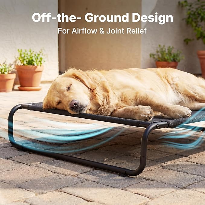 Veehoo Cooling Elevated Dog Bed, Outdoor Dog Bed for Large Dogs, Raised Dog Cot with Thickened Frame, Durable Teslin Mesh & Anti-Slip Rubber Feet, Pet Hammock for Indoor or Camping, 49" x 33", Black