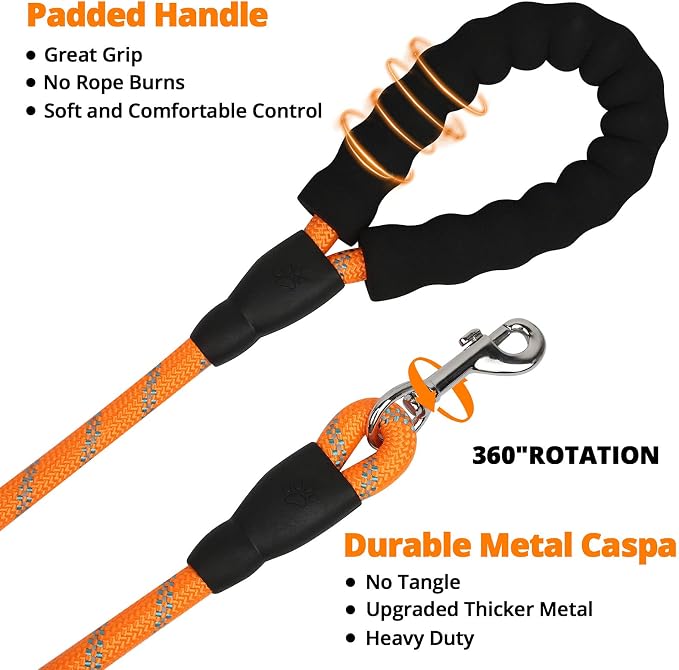 jenico Long Dog Leash 50FT: Heavy Duty Nylon Rope Leashes for Dogs Training with Reflective Threads Bungee and Padded Handle - Dog Lead for Large Small Medium Dogs Outside Walking Hiking