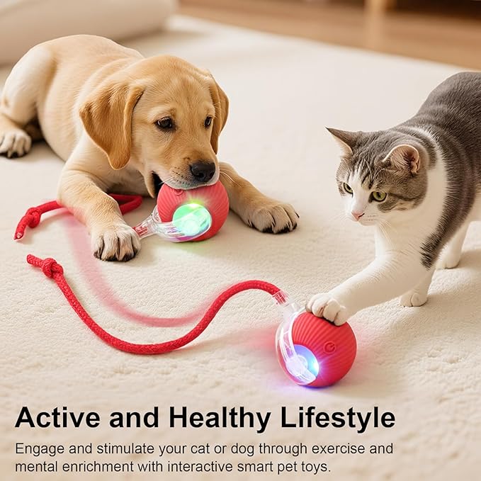 Smart Interactive Automatic Electric Rolling Moving Rechargeable Motion Activated Self Solo Play Electronic Stimulation Chase Teaser Ball Toy with Rope for Indoor Bored Adult Cat and Dog, Blue