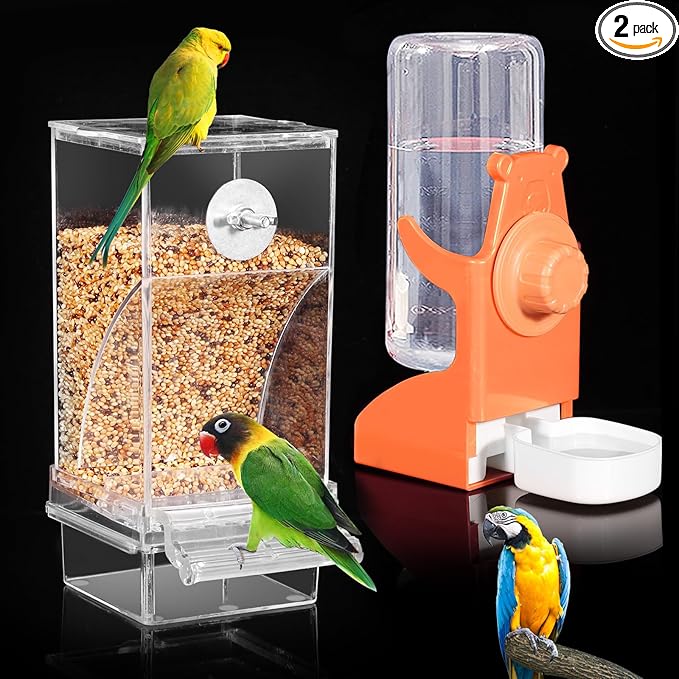 No Mess Bird Feeder for Cage, Automatic Drinker for Parakeet, Canary & Budgies (Orange)