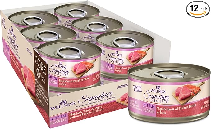 Wellness CORE Signature Selects Flaked Kitten Canned Wet Cat Food, Natural, Protein Rich, Grain Free, Skipjack Tuna and Wild Salmon Entrée Recipe, 2.8 oz, Pack of 12 Cans
