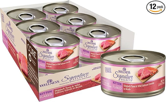 Wellness CORE Signature Selects Flaked Kitten Canned Wet Cat Food, Natural, Protein Rich, Grain Free, Skipjack Tuna and Wild Salmon Entrée Recipe, 2.8 oz, Pack of 12 Cans
