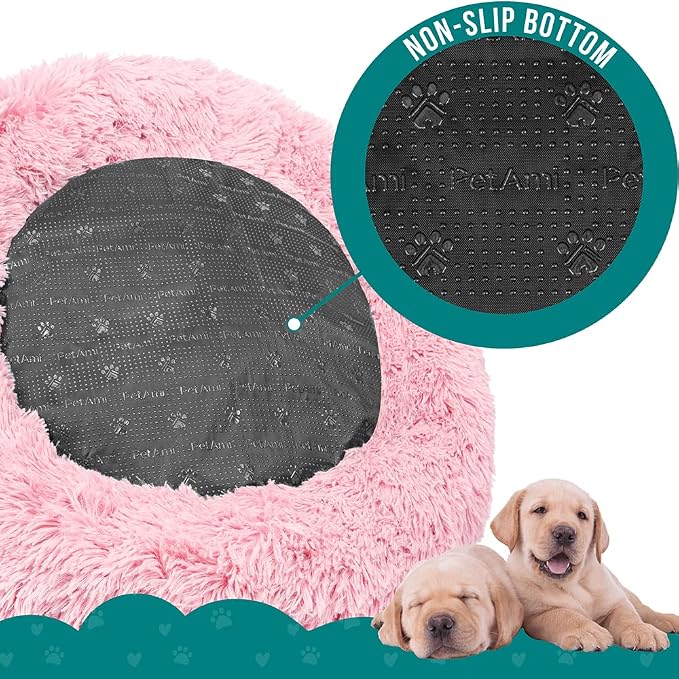 PetAmi Calming Dog Bed for Small & Medium Dogs, Cats & Puppy, Warming Round Donut Cuddler Bed, Anti-Anxiety Fluffy Shaggy Faux Fur Pet Bed, Machine Washable, Non-Slip Bottom, 23 Inch - Pink