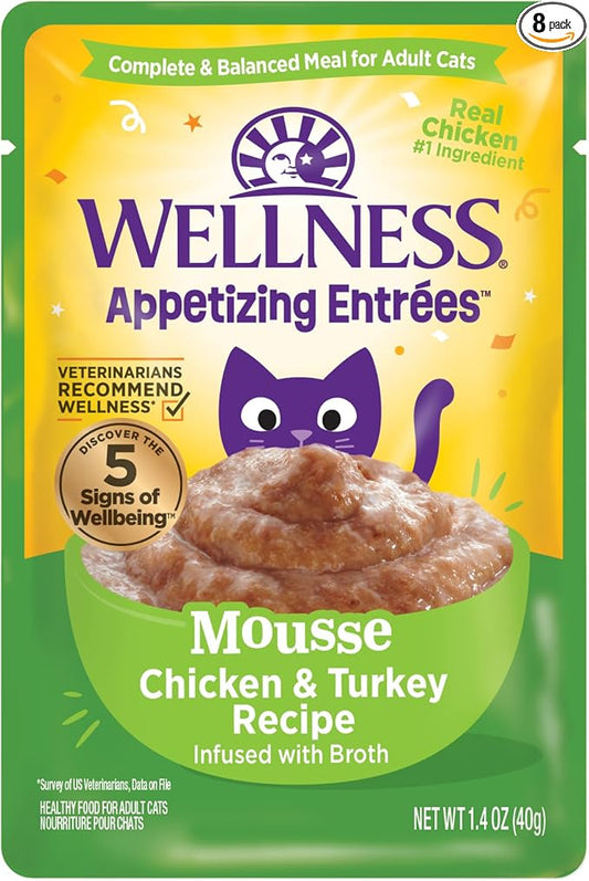 Wellness Appetizing Entrées Mousse Adult Wet Cat Food, Natural, Protein Rich, Grain Free, Chicken and Turkey Recipe, 1.4 oz, Pack of 8 Pouches