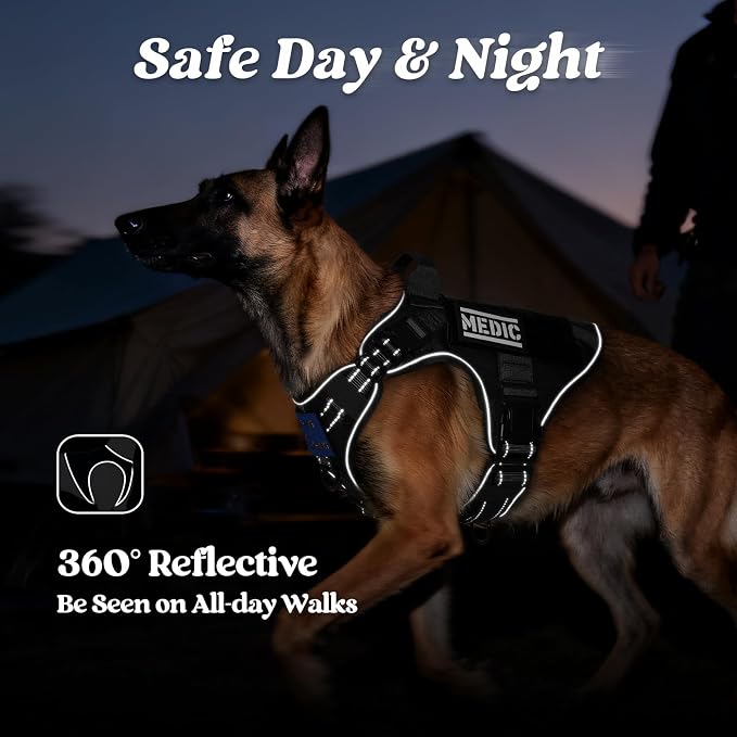 rabbitgoo Tactical Dog Harness for Large Dogs, No Pull Upgraded Reflective Heavy Duty Molle Vest with Handle, Adjustable Military Service Dog Vest for Walking Hiking Training, Black, XL