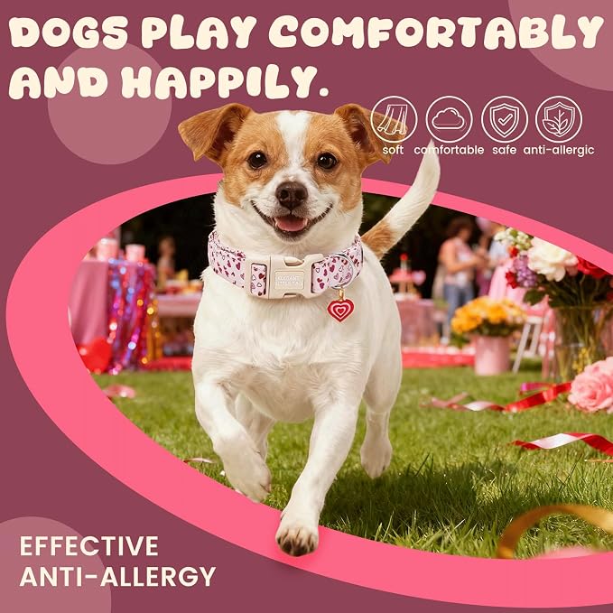 Elegant little tail Valentine's Dog Collar - Pink Heart Dog Collars Cotton Soft Puppy Adjustable Pet Collars with Sturdy Quick Release Buckle for Medium Dogs