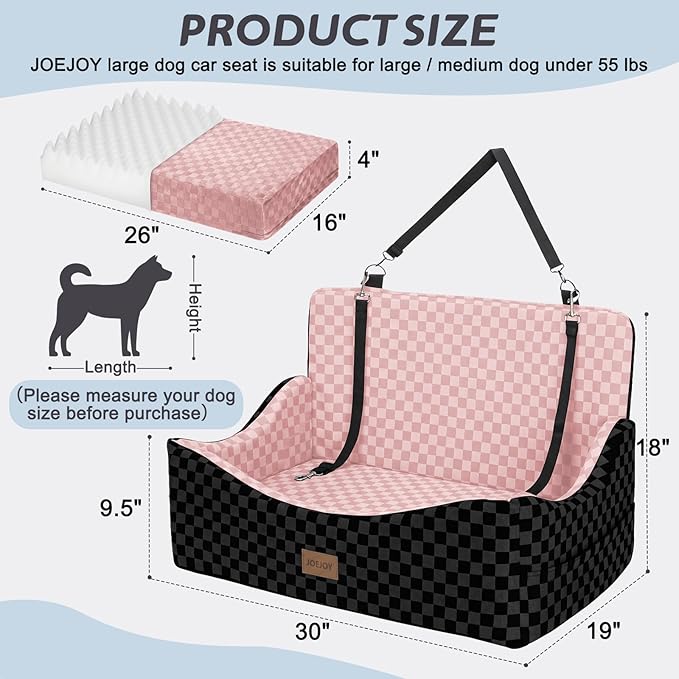 JOEJOY Dog Car Seat for Medium/Large Dogs - Reversible Dual-Sided Travel Dog Car Bed with Memory Foam, Washable Pet Booster Seat for Dogs up to 55 lbs or 2 Small Dogs, 2 Safety Leashes, Pink