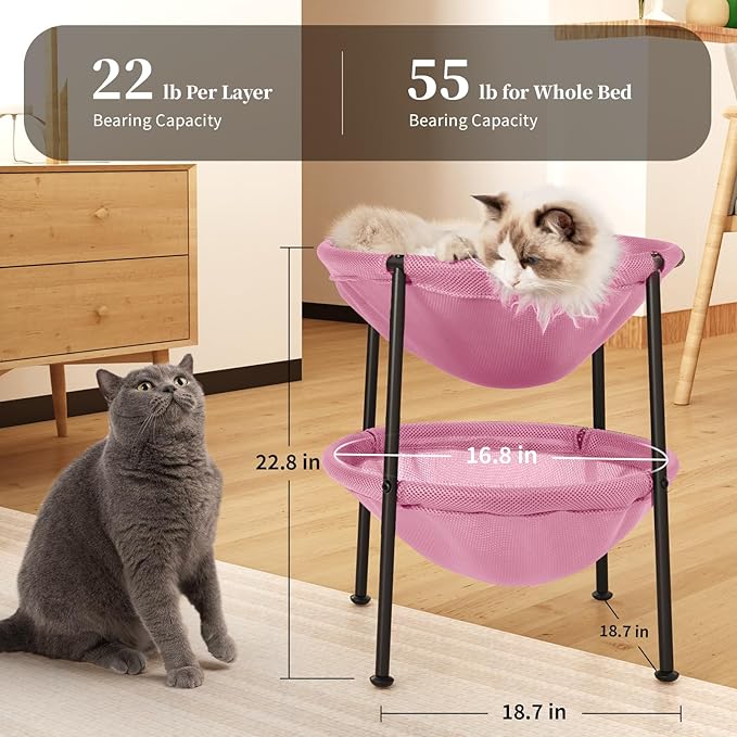 JUNSPOW Double Cat Bed Pink, Breathable Pet Bed for 2 Cats with 4 Adjustable Feet & Anti-Slip Mats, Easy Assembly Cat Hammock for Multi-cat Household, Indoors & Outdoors, 22.8 in x18.7 in x 18.7 in