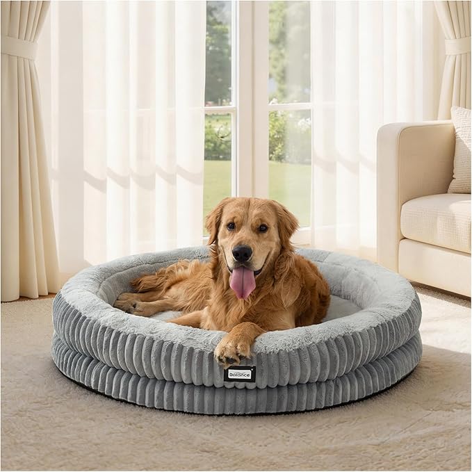 BALANCE Donut Dog Bed, 43 Inches Round Dog Bed Extra Large Size Dogs Washable, Orthopedic Calming Dogs Beds for Pets, Fluffy Plush Faux Fur Pet Bed with Anti-Slip Bottom