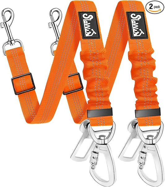 SlowTon Dog Seatbelt, 2 Pack Dog Seat Belt Car Leash Adjustable Elastic Bungee Buffer Heavy Duty Nylon Reflective Pet Safety Tether Connect to Dog Harness for Travel Riding in Vehicle (Daul Clip, OR)