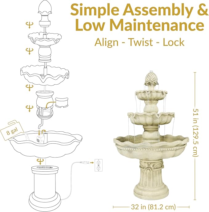 Sunnydaze 51-Inch 3-Tier Water Fountain – Electric Outdoor Fountain with Pineapple Top – Outdoor Patio & Garden Water Feature – Continuous Flow Pump with 6 ft Cord – White