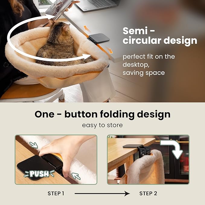 JUNSPOW Cat Desk Bed - One-Click Folding,Sunken Design & Space-Saving Semi-Circular Cat Bed, Soft Faux Rabbit Fur Material, Suitable for Various Desktops-Maximum Hold Up to 40lb