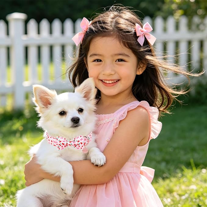 Spring and Summer Dog Collar with Bow Tie, Spring Cherry Bowtie Collar for Girl Boy Dog with Metal Buckle, Pink Bow Collar for Dogs, XL