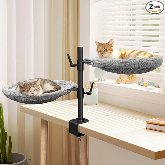 Double Cat Desk Bed, 360° Rotating & Adjustable Heigh Kitten Nest for Desktop, Double Kittens Clamp Hammock Bed with Dual-Sided Reversible Mat for Home Office-Maximum Hold Up to 40lb