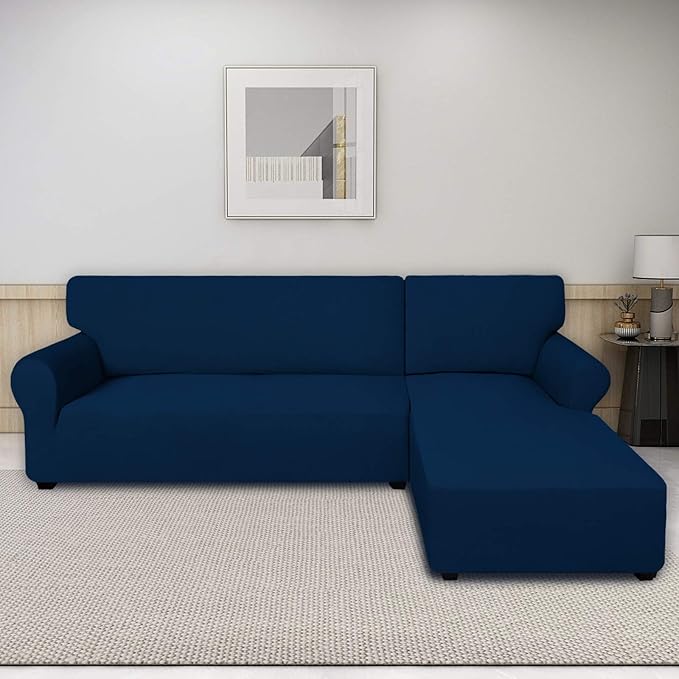 PureFit Super Stretch Sectional Couch Covers - 2 pcs Spandex Non Slip Sofa Covers with Elastic Bottom for L Shape Sectional Sofa Couch, Great for Kids & Pets (3 Seat Sofa + 3 Seat Chaise, Navy)
