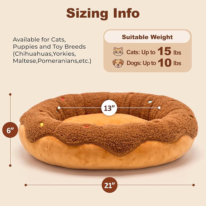 Donut Cat Bed for Indoor Cats, 21" Washable Round Pet Bed for Cats & Small Dogs, Soft Fluffy Plush Calming Bed for Kitten and Puppy with Anti-Slip Base