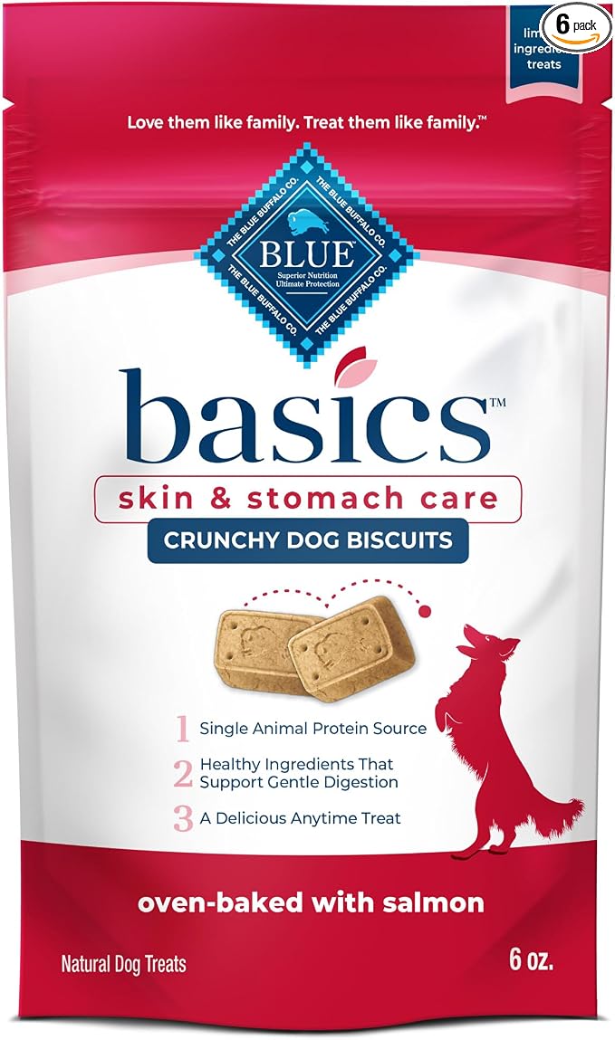 Blue Buffalo Basics Crunchy Dog Biscuits for Skin & Stomach Care, Limited Ingredient Diet Dog Treats, Salmon & Potato Recipe, 6-oz. Bag (Pack of 6)