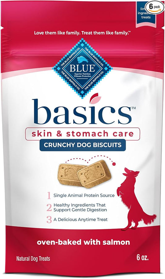 Blue Buffalo Basics Crunchy Dog Biscuits for Skin & Stomach Care, Limited Ingredient Diet Dog Treats, Salmon & Potato Recipe, 6-oz. Bag (Pack of 6)