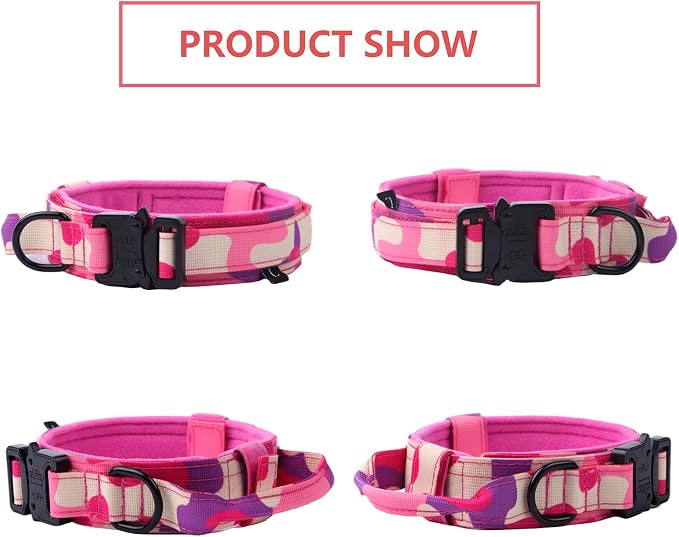 Tactical Dog Collar Adjustable Military Nylon Dog Collar with Control Handle and Heavy Duty Metal Buckle for Medium and Large Dogs (Pink Camo,S)