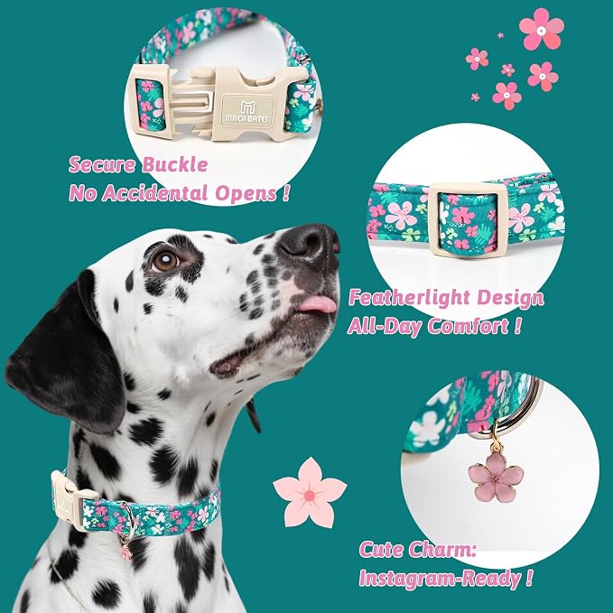 Maca Bates Spring Green Floral Dog Collar with Cherry Charm for Large Girl Boy Dogs, Pink Flower Pattern,Pretty Blossom Adjustable Durable Soft Flowers Collars Gift for Male Female Puppy