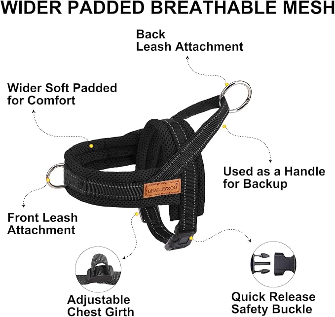 BEAUTYZOO Dog Harness for Large Dogs, No Pull Dog Harness and Leash Set, Soft Escape Proof Puppy Vest Harness with Handle, Reflective Lightweight Step in Harness for Girl Boy Dogs, Black L