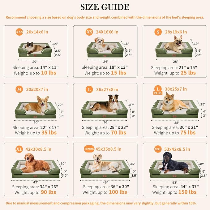 Comfort Expression Orthopedic Dog Bed for Extra Large Dogs 53x42 Inch, Waterproof Egg Crate Foam XXL Pet Bed with Removable Bolsters, Dog Couch with Washable Cover & Non-Slip Bottom, Light Green