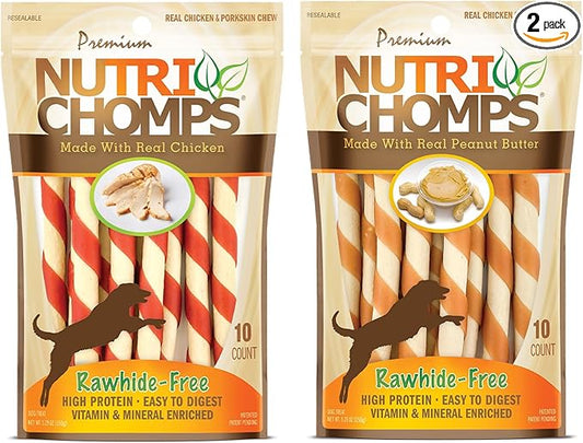 NutriChomps Dog Chews 5-inch Twists, Easy to Digest, Rawhide-Free Dog Treats, Real Peanut Butter Flavor & Real Chicken Flavor (NT112V) - 10 Count (Pack of 2)