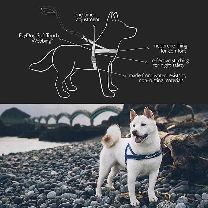 EzyDog Quick Fit Dog Harness – No Pull Harness for Training, Everyday Walking, and Easy Control - Adjustable Fit, Reflective, and Padded (X-Large, Denim)
