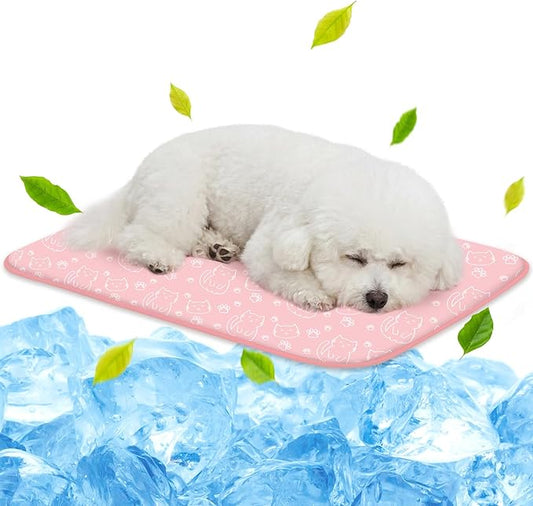 NWK Pet Cooling Mat -Q-Max>0.345 Ice Silk Cooling Mat for Dogs & Cats Portable & Washable Pet Cooling Blanket, Car Seats, Beds for Summer (Pink Cat, 27'' X 20'' X 0.3'')
