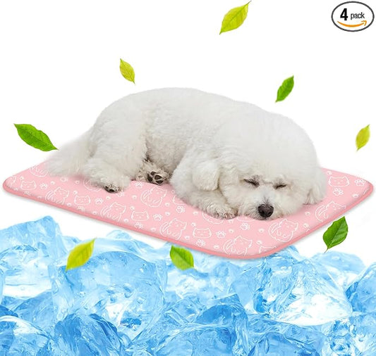 NWK Pack of 4 Pet Cooling Mat -Q-Max>0.345 Ice Silk Cooling Mat for Dogs & Cats Portable & Washable Pet Cooling Blanket, Car Seats, Beds for Summer (4pcs, Pink Cat, 27'' X 20'' X 0.3'')