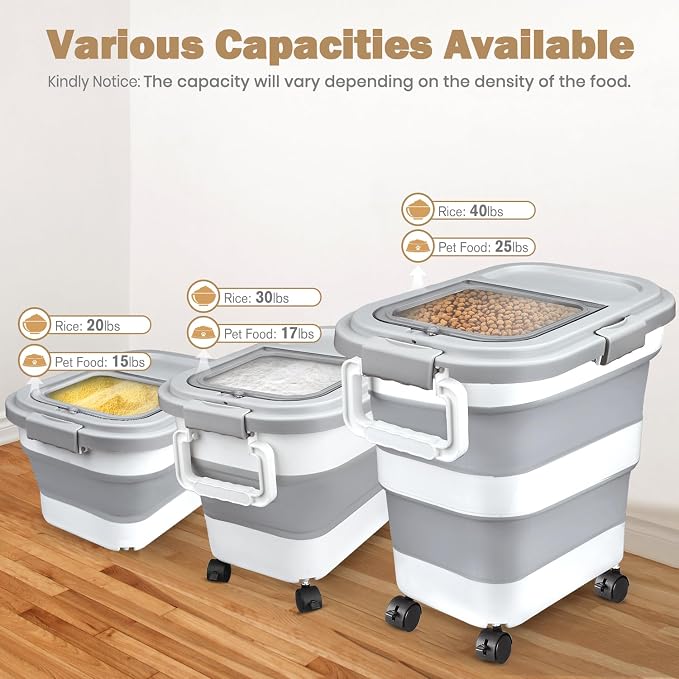 Komzon Rice Storage Container, Collapsible Airtight 10-40 Lb Rice Storage Container, 25lb Pet Dog Food Storage Container, Rice Dispenser Bin with Cup and Scoop for Flour Cereal Pasta Grain, Cat Bird