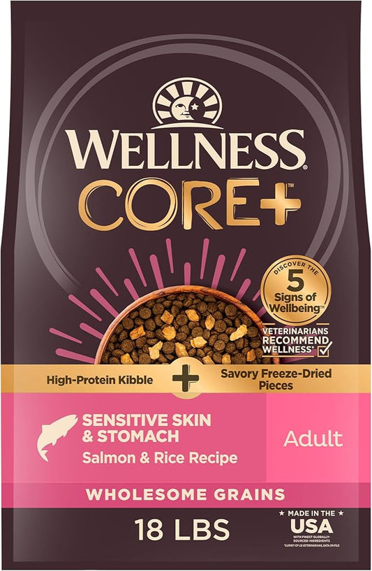 Wellness CORE+ Sensitive Skin and Stomach Adult Dry Dog Food with Freeze Dried Pieces, Wholesome Grain Kibble+, Natural, High Protein, Chicken Free, Salmon and Rice Recipe, 18 lb Bag