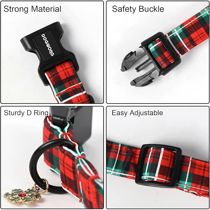 DOGWONG Christmas Plaid Dog Collar- Cute Red Christmas Checked Dog Collars Adjustable Grid Dog Collar for Small Medium Large Dogs S