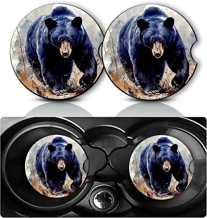 2Pack Black Bear Car Cup Holder Coaster,Bear Gifts for Women Men,Vehicle Interior Drink Mat Reusable Neoprene Car Coasters for Cup Holders Decor,Bears Automotive Interior Accessories