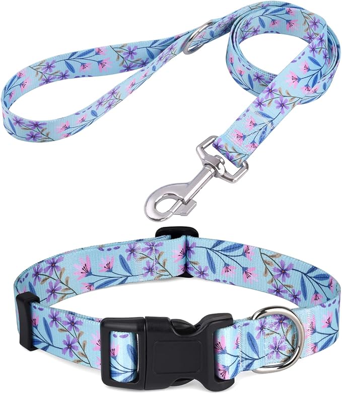 Mihqy Dog Collar and Leash Set with Bohemia Floral Tribal Geometric Patterns - Soft Ethnic Style Collar Adjustable for Small Medium Large Dogs(Pink + Purple Floral Set,L)