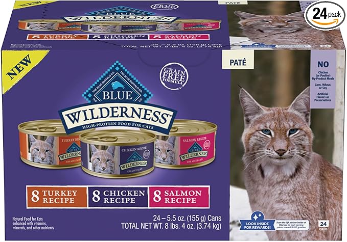 Blue Buffalo Wilderness High Protein, Natural Adult Pate Wet Cat Food Variety Pack, Chicken, Salmon, Turkey 5.5-oz can (24 Count - 8 of Each Flavor)