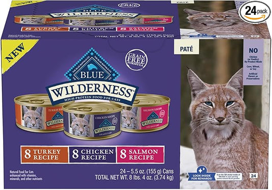 Blue Buffalo Wilderness High Protein, Natural Adult Pate Wet Cat Food Variety Pack, Chicken, Salmon, Turkey 5.5-oz can (24 Count - 8 of Each Flavor)