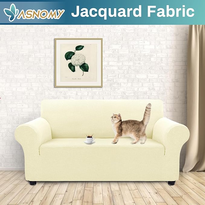 Asnomy Sofa Covers for 2 Cushion Couch Stretch loveseat Covers Slipcovers, Pet Protector Furniture Covers for Dogs Cats Spandex Jacquard Fabric Small Checks （Medium，Off-White）