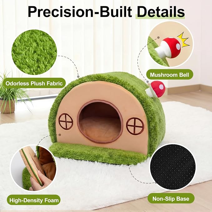 Cat House for Indoor Cats - Cute Cat Bed Cave, Tree Hole Cat Bed Tent for Kittens and Small Medium Pets with Removable Washable Cushion & Anti-Slip Bottom, Enclosed Kitten Bed Hideaway