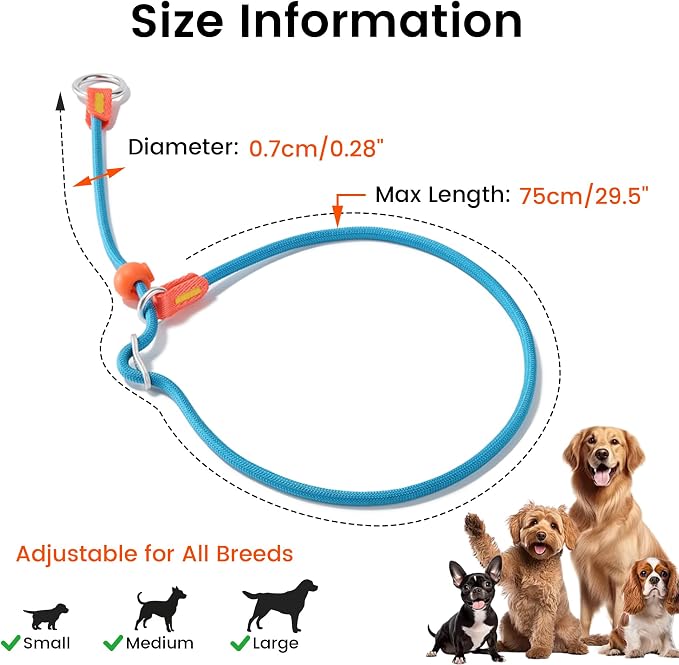 HowGo Slip Collar for Dogs,No Pull Adjustable Martingale Collar for Training, Nylon Rope,Dual Stopper and Durable Aluminum Hardware,Spring-Loaded,for Small Medium Large Dogs(Brown)