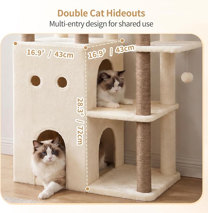 Heybly Cat Tree, 69.7 inches Secure Anti-Tip Cat Tower for Large Cats, Expansive Cat Furniture with Dual-Tier Cat Condo Villa, 2 Top Perches, Hammock & Full Sisal Scratching Posts Beige HCT065MJ