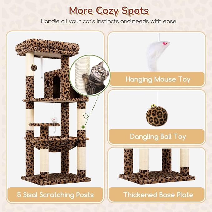 Globlazer Leopard Cat Tree Tower with Scratching Post for Indoor Cats, 53in Plush Multi-Level Cat Climbing Tower Condo House with Large Hammock, Spacious Cat Cave, Padded Top Perch, F53, Leopard Print