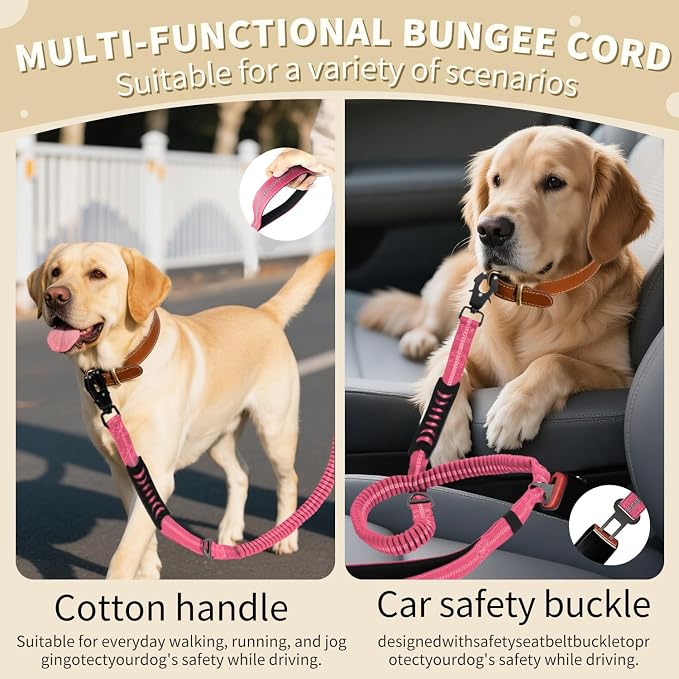 Heavy Duty Tactical Dog Leash, 4-6FT Shock Absorbing Bungee Lead with 2 Padded Handles, Metal Carabiner & Seatbelt Clip, Reflective No-Pull Leash for Medium/Large Dogs (Pink)