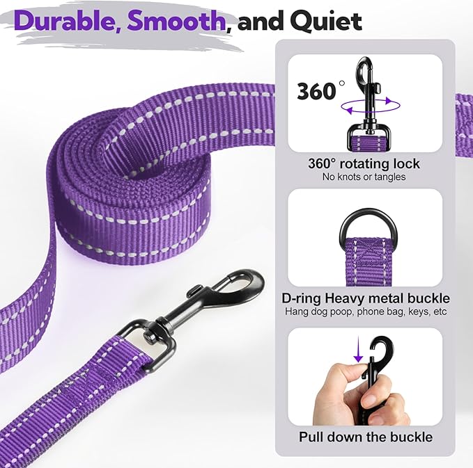 2-Handle Dog Leash Heavy Duty Traffic Control & Night Safety Reflective Lead for Small Mid Large Dogs, Comfort Padded Grip Dog Leashes for Walking and Training(6 FT x 1" Wide Purple+Black)