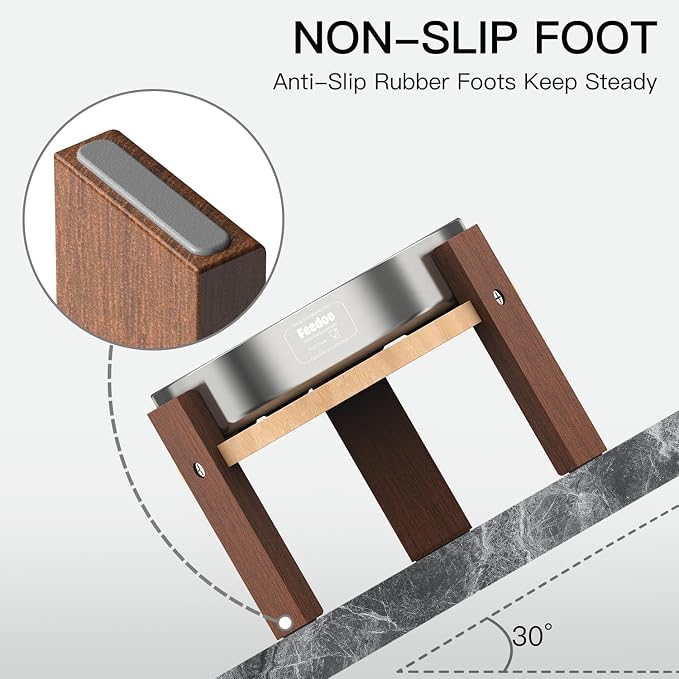 Elevated Dog Bowl Stand, 6'' Height Raised Stand for Medium Dogs, Includes 2Cups Stainless Steel Slow Feeder Dog Bowl, Durable Solid Hardwood